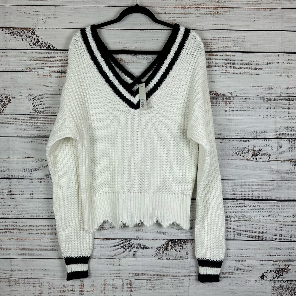 Francesca's GLO Fashion White Navy Double V Distressed Hem Sweater NEW Womens L